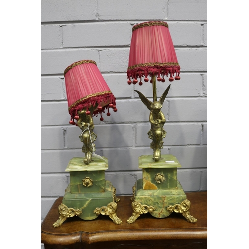 208 - Pair of French green onyx lamps with shades, one missing mount, each approx 50cm H including shades ... 