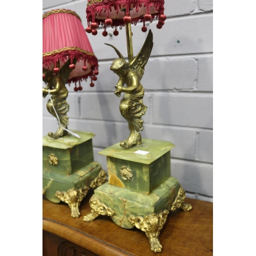 208 - Pair of French green onyx lamps with shades, one missing mount, each approx 50cm H including shades ... 