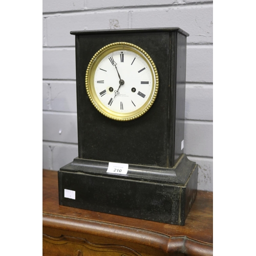 210 - Napoleon III black slate clock, circa 1870s, chips to base, no pendulum but has key (in office A1895... 