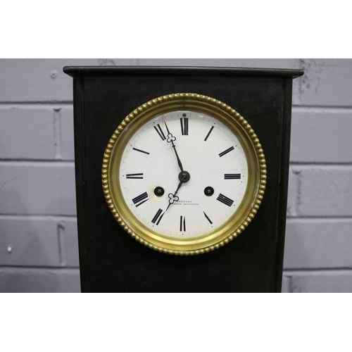 210 - Napoleon III black slate clock, circa 1870s, chips to base, no pendulum but has key (in office A1895... 