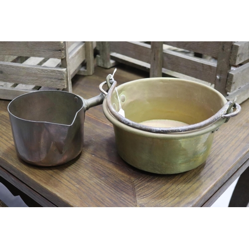 215 - Antique French swing handle preserving pot and a lipped sauce pan, approx 12cm H ex handle x 24cm Di... 