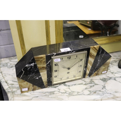 229 - Art Deco style marble mantle clock, no key and no pendulum, unknown working condition, approx 18cm H... 