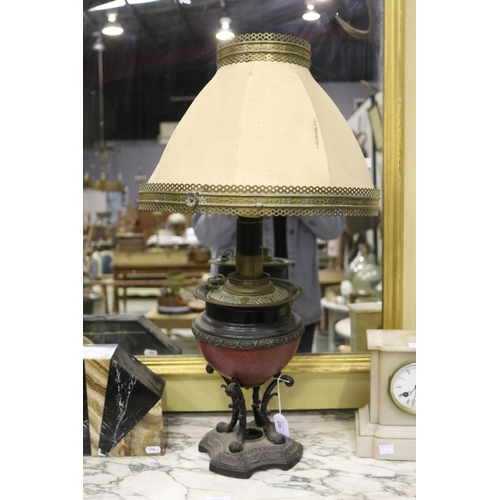 230 - Antique oil lamp base, lift out reservoir converted to electric, with shade, approx 67cm H