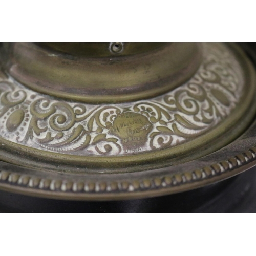 230 - Antique oil lamp base, lift out reservoir converted to electric, with shade, approx 67cm H