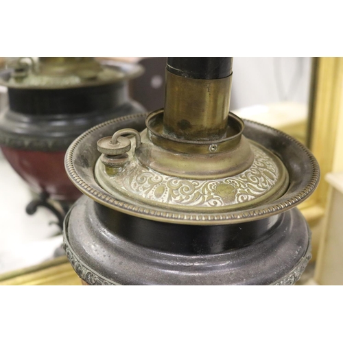 230 - Antique oil lamp base, lift out reservoir converted to electric, with shade, approx 67cm H