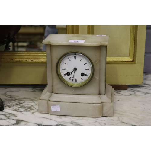 231 - White marble mantle clock, AF to back glass, no key and no pendulum, unknown working condition, appr... 