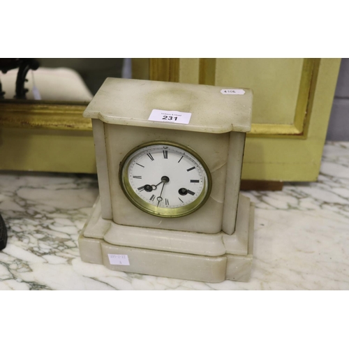 231 - White marble mantle clock, AF to back glass, no key and no pendulum, unknown working condition, appr... 