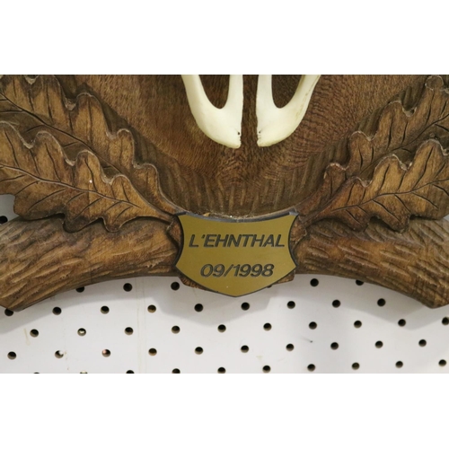 240 - Large set of antlers on wooden backboard, L'Ehnthal 09/1998 plaque, approx 82cm H x 94cm W