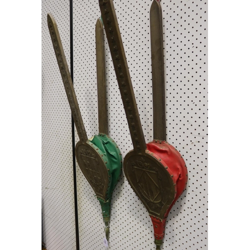 245 - Pair of wooden bellows, with carved heraldic shields, each approx 96cm L (2)