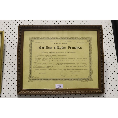 251 - Framed French certificate, approx 29cm x 39cm