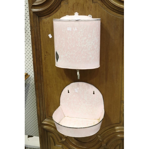 276 - French pink enamel cistern mounted to antique French door, approx 169cm H x 67cm W