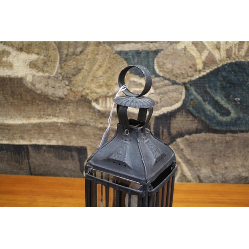 446 - Loop handle metal lantern, approx 32cm H