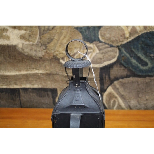 446 - Loop handle metal lantern, approx 32cm H