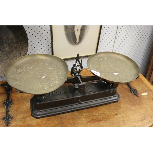 279 - Set of French Force weighing scales with brass dishes, approx 56cm W