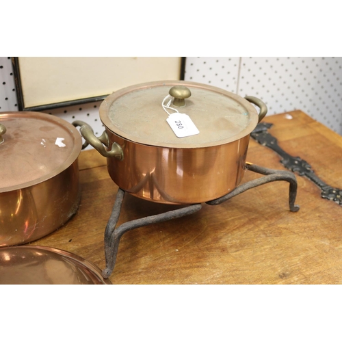 280 - Two copper lidded pots, iron rack and pan, approx 24cm Dia and smaller (4)