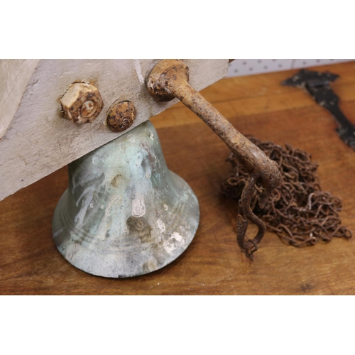 281 - Antique French bronze bell with pull chain & wooden bracket, approx 28cm H x 35cm W