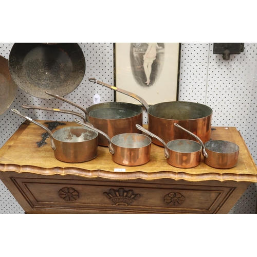 284 - Matched set of seven French copper and wrought iron saucepans, approx 25cm Dia and smaller (7)