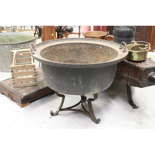 291 - Most impressive & large antique French brazier pot on wrought iron stand, approx 66cm H ex handles x... 