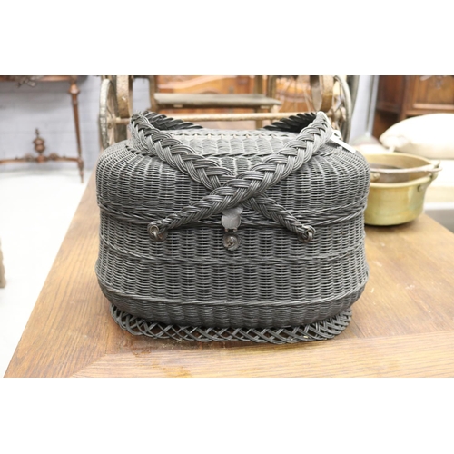 292 - Antique French woven lidded basket with two handles, approx 25cm H ex handles x 37cm W x 22cm D