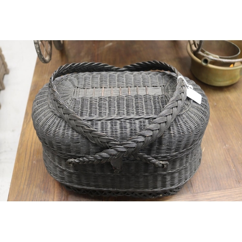 292 - Antique French woven lidded basket with two handles, approx 25cm H ex handles x 37cm W x 22cm D