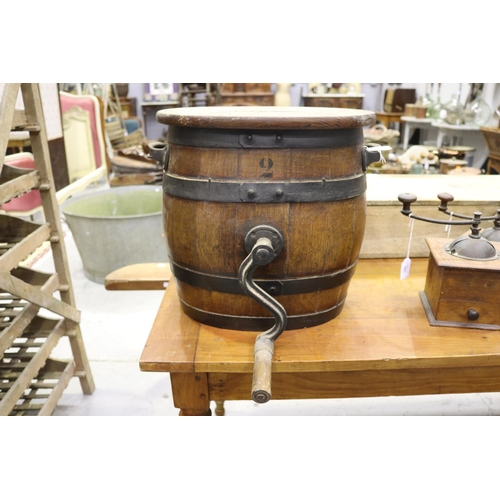 308 - Antique French barrel form churn with lid, approx 37cm H x 43cm W