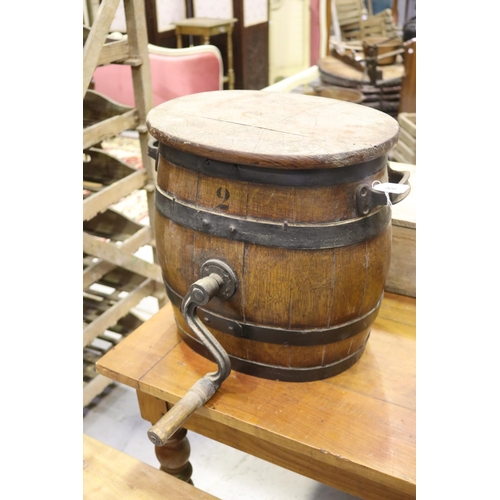 308 - Antique French barrel form churn with lid, approx 37cm H x 43cm W