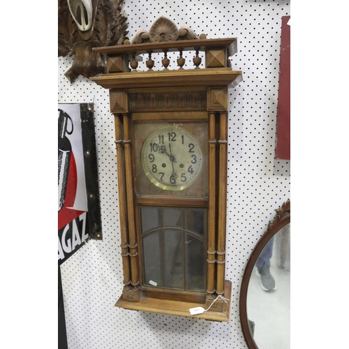 315 - French wooden cased wall clock, no key pendulum damaged?, unknown working condition, approx 90cm H x... 