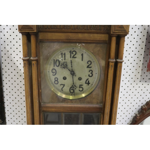 315 - French wooden cased wall clock, no key pendulum damaged?, unknown working condition, approx 90cm H x... 