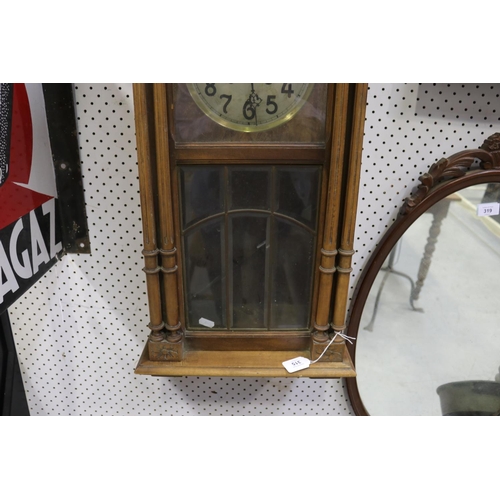 315 - French wooden cased wall clock, no key pendulum damaged?, unknown working condition, approx 90cm H x... 