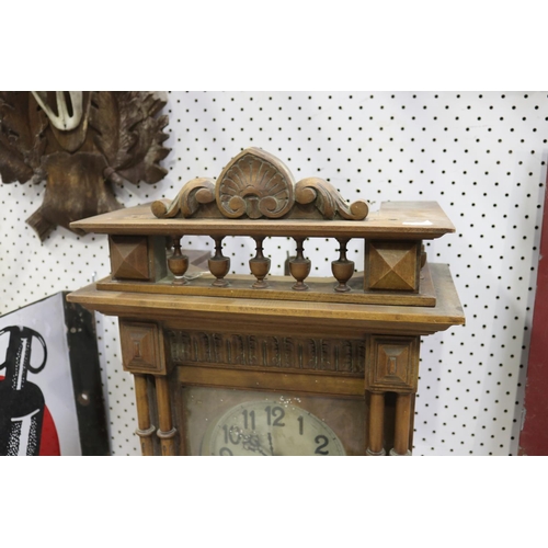 315 - French wooden cased wall clock, no key pendulum damaged?, unknown working condition, approx 90cm H x... 