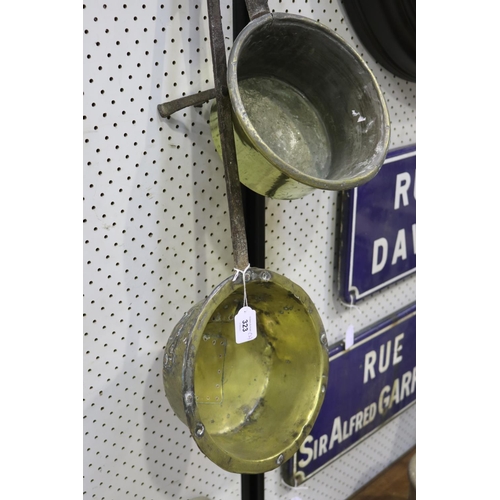 323 - Two antique French long handle saucepans, approx 72cm L and shorter (2)