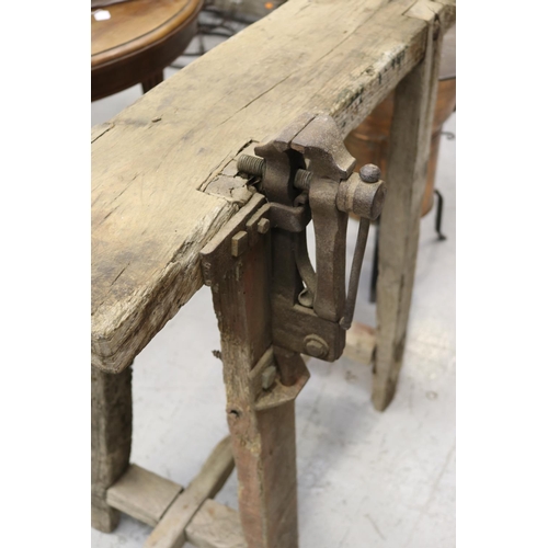 353 - Rustic work bench, with iron vice, approx 99cm H x 122cm W x 36cm D