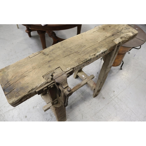 353 - Rustic work bench, with iron vice, approx 99cm H x 122cm W x 36cm D