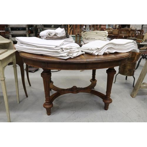 360 - Antique French Louis XVI style dining table, standing on cross stretcher base, approx 74cm H x 134cm... 