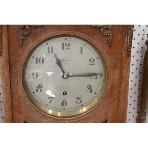 382 - Vintage French wall clock, has pendulum and key, (in office A3222-1-22) unknown working condition (o... 