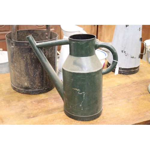 406 - Vintage French green painted watering can, no rose, approx 38cm H x 45cm W