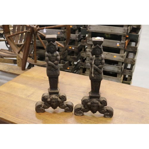 415 - Pair of antique French cast iron figural andirons, each approx 49cm H x 45cm L (2)