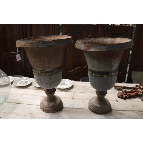 443 - Pair of rustic metal urns, each approx 52cm H x 35cm Dia (2)
