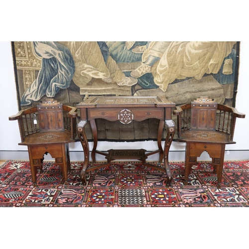 10 - Traditional Moroccan inlaid table with matching armchairs, well appointed inlay, table approx 78cm h... 