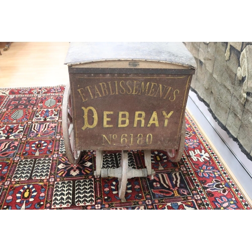 4 - Rare antique French Cafes Debray push cart of wood & painted tin construction with painted stenciled... 