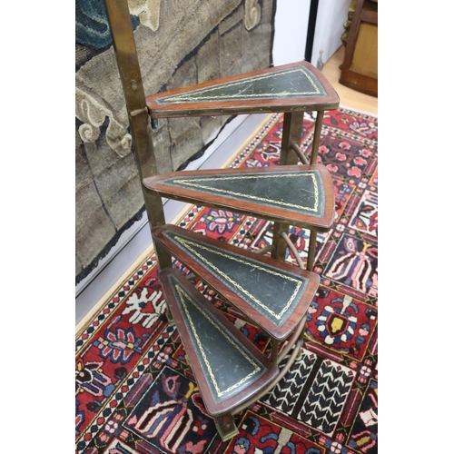 5 - Set of French spiral library steps, with tooled leather steps & brass frame, approx 176cm H