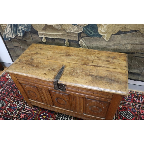 14 - Antique French late 18th century solid wood trunk, with original hardware, approx 73cm H x 134cm W x... 