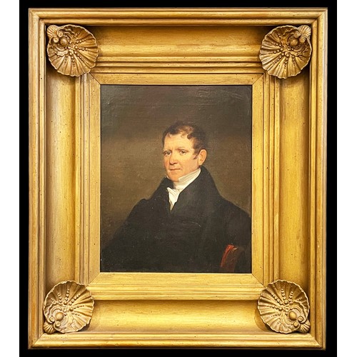 English School, early 19th century  - Portrait of a Gentleman, bust length in a black coat and white stock, oil on canvas in giltwood cavetto frame with scallop shell corners approx 29cm x 24cm