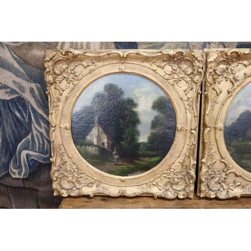1 - Pair of antique 19th century French circular paintings of a gent on horseback with church in backgro... 