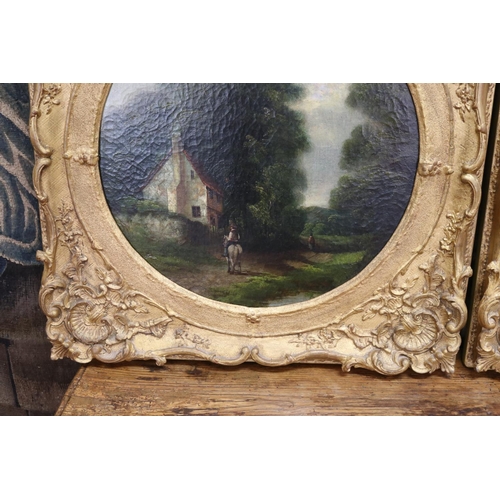 1 - Pair of antique 19th century French circular paintings of a gent on horseback with church in backgro... 
