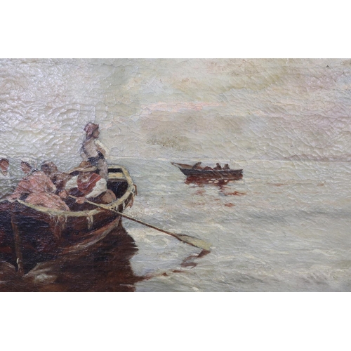52 - H. E. Stephens (1800-) England, figures in a row boat, oil on canvas, signed lower right, approx 53c... 