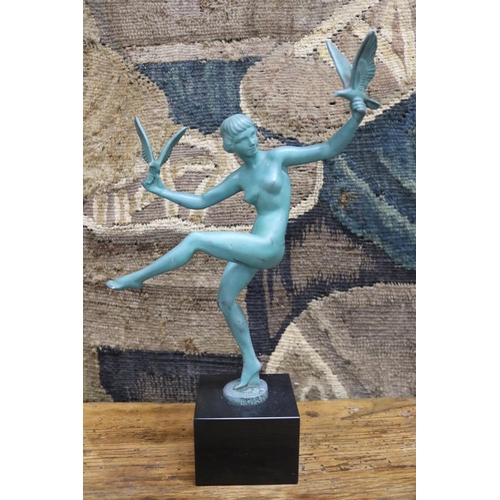 16 - Art Deco sculpture of a dancing nude with birds in patinated bronze on a black marble base. The scul... 