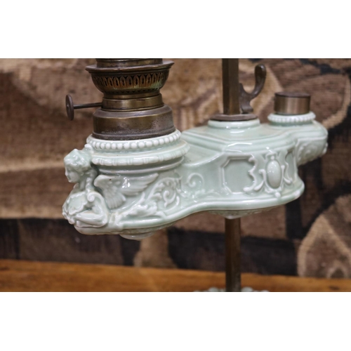 3 - Antique French green glazed porcelain argand lamp, with adjustable reservoir, approx 50cm H x 24cm W