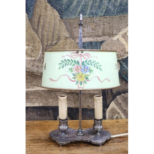 39 - Vintage French briolotte lamp with toleware shade, unknown working order, approx 38cm H