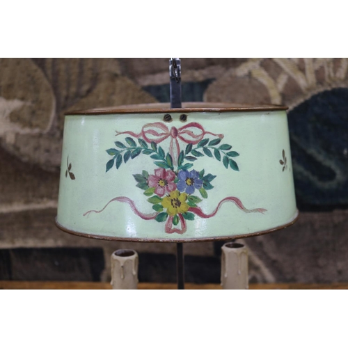 39 - Vintage French briolotte lamp with toleware shade, unknown working order, approx 38cm H